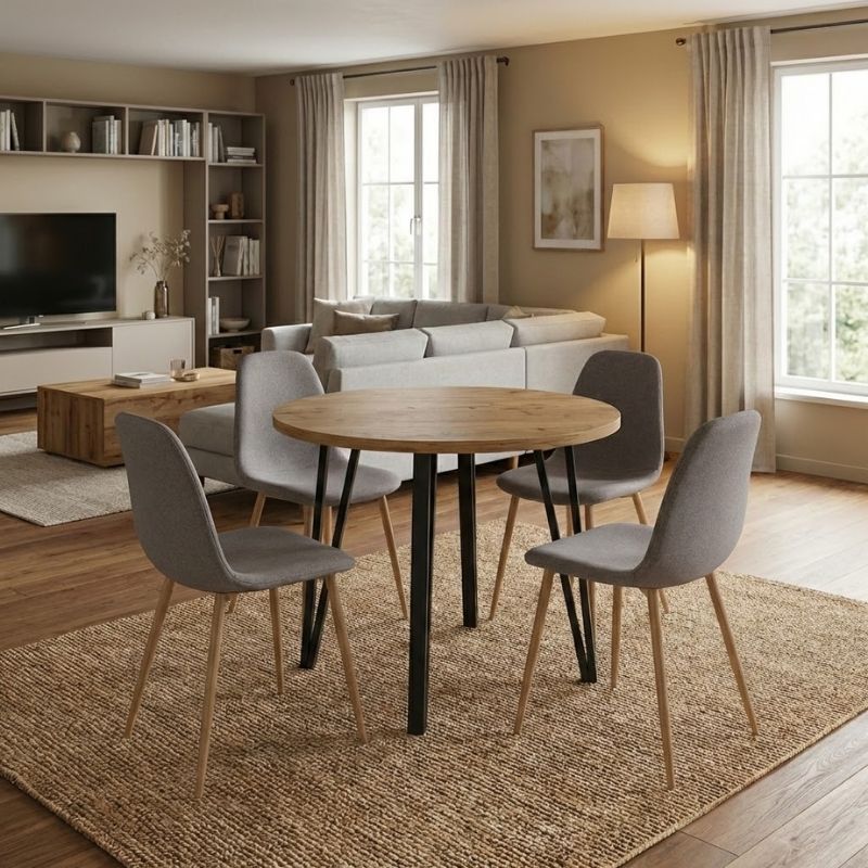 Σετ Τραπεζαρία 5Τμχ Xana - Iris Megapap Χρώμα Sepet Oak - Ανοιχτό Μπεζ/Φυσικό Πόδι Ø90X77,7Εκ.