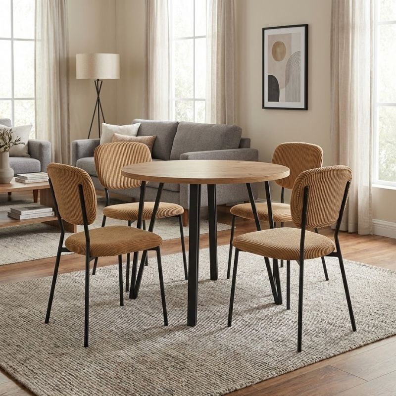 Σετ Τραπεζαρία 5Τμχ Xana - Kevin Megapap Χρώμα Sepet Oak - Μουσταρδί Ø90X77,5Εκ.