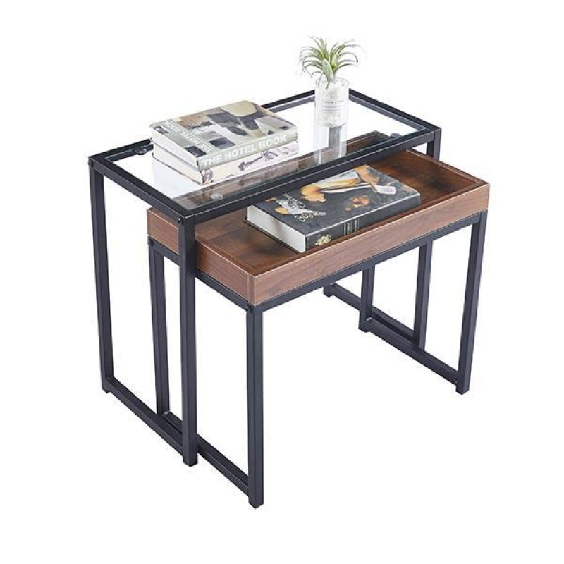 Τραπεζάκια βοηθητικά σετ2  από μέταλλο με γυαλί και MDF Υ50x60x30εκ. - Υ47x56x30εκ.