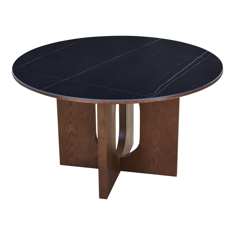 Τραπέζι Merge Pakoworld Sintered Stone-Mdf Σε Μαύρο Μαρμάρου Με Καρυδί Βάση Φ130X75Εκ