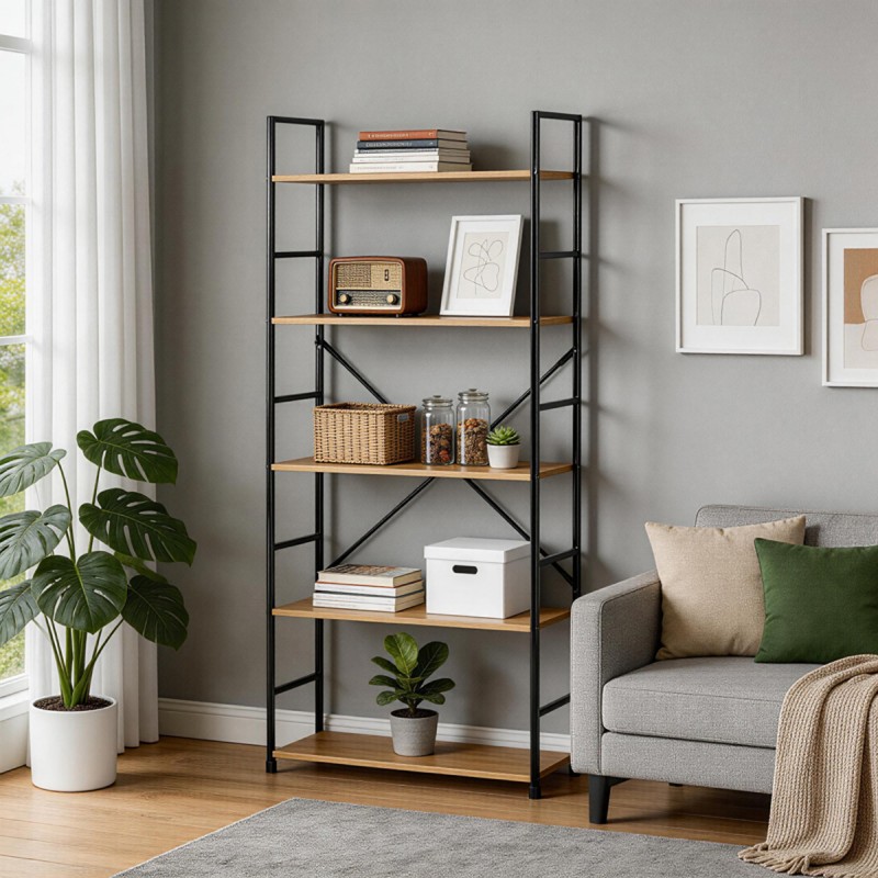 Βιβλιοθήκη Manlo Pakoworld Oak Με Μαύρο Μέταλλο 58.6X23.5X144Εκ