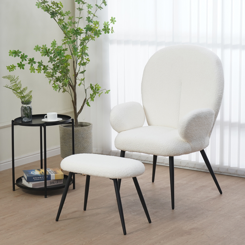 Πολυθρόνα Με Υποπόδιο Qarar Pakoworld Μπουκλέ Ύφασμα Σε Λευκή Απόχρωση Με Μαύρα Μεταλλικά Πόδια 67.5X67.5X106Εκ