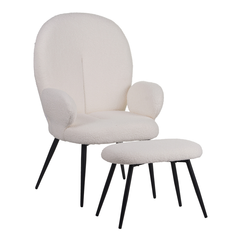 Πολυθρόνα Με Υποπόδιο Qarar Pakoworld Μπουκλέ Ύφασμα Σε Λευκή Απόχρωση Με Μαύρα Μεταλλικά Πόδια 67.5X67.5X106Εκ