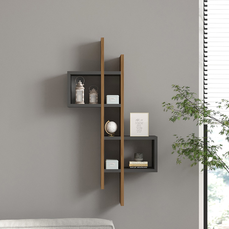 Ραφιέρα Τοίχου Garel Pakoworld Σε Καρυδί-Ανθρακί Απόχρωση 53,8X19,6X108Εκ