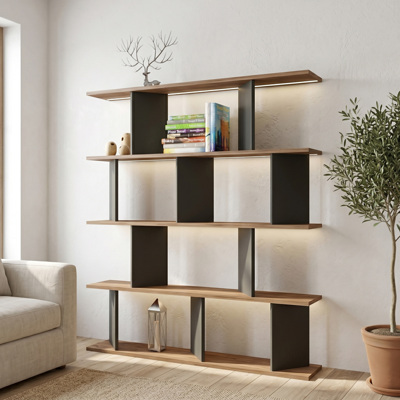 Βιβλιοθήκη Ratu Pakoworld Ανθρακί Με Oak 120X24,6X141Εκ