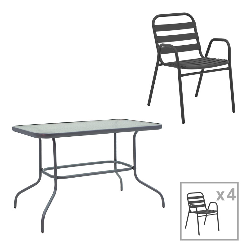 Τραπεζαρία Valor-Sussie Pakoworld Σετ 5Τεμ Μέταλλο Ανθρακί-Γυαλί 110X60X70Εκ