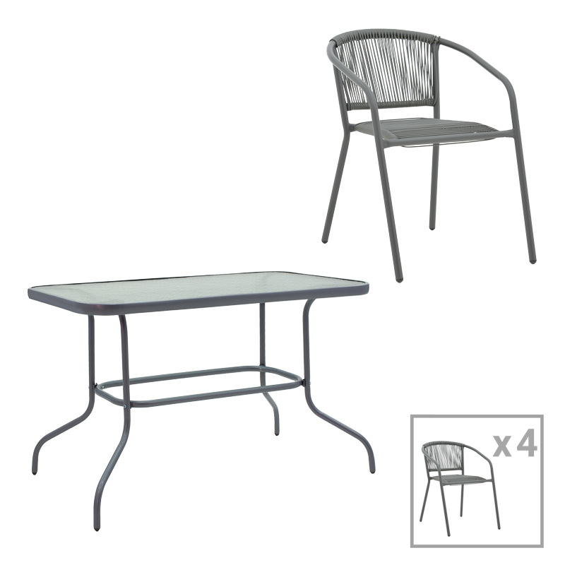 Τραπεζαρία Valor-Lindaria Pakoworld Σετ 5Τεμ Μέταλλο Ανθρακί-Γυαλί-Pe Rattan 110X60X70Εκ