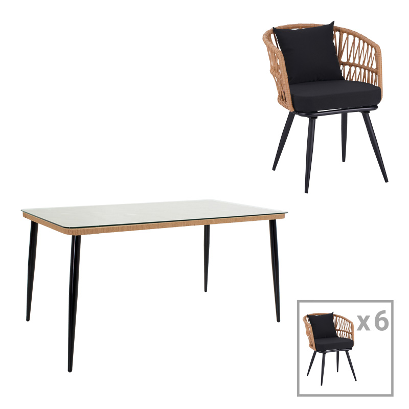 Τραπεζαρία Naoki Σετ 7 Τεμ Pakoworld Μέταλλο Μαύρο-Pe Φυσικό-Γυαλί 160X90X78Εκ