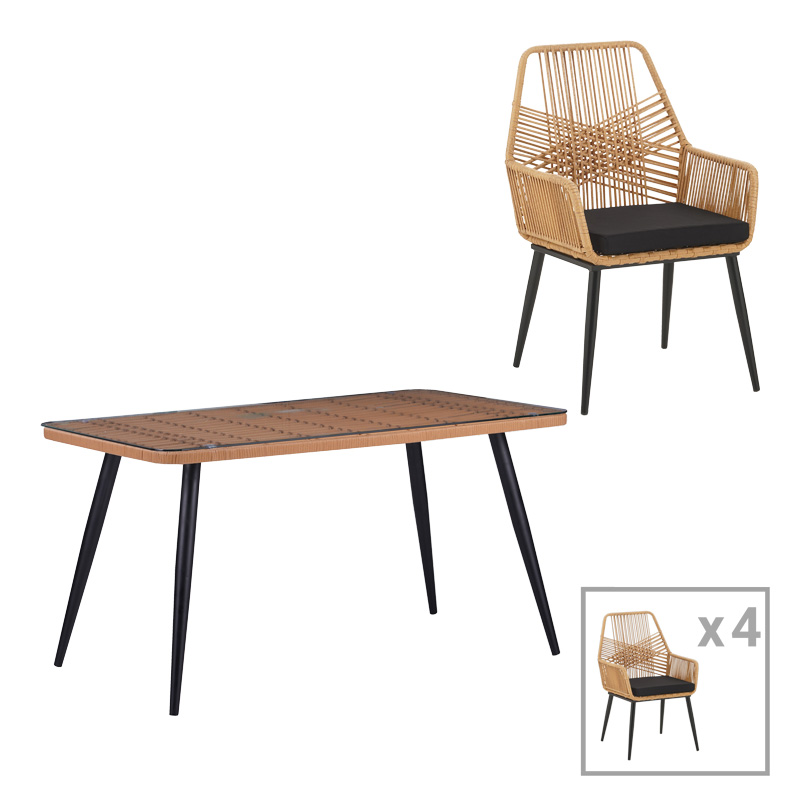 Τραπεζαρία Naoki-Tanish Σετ 5 Τεμ Pakoworld Γυάλινο- Pe Rattan Σε Φυσική Απόχρωση Με Μαυρα Πόδια 140X80X78Εκ