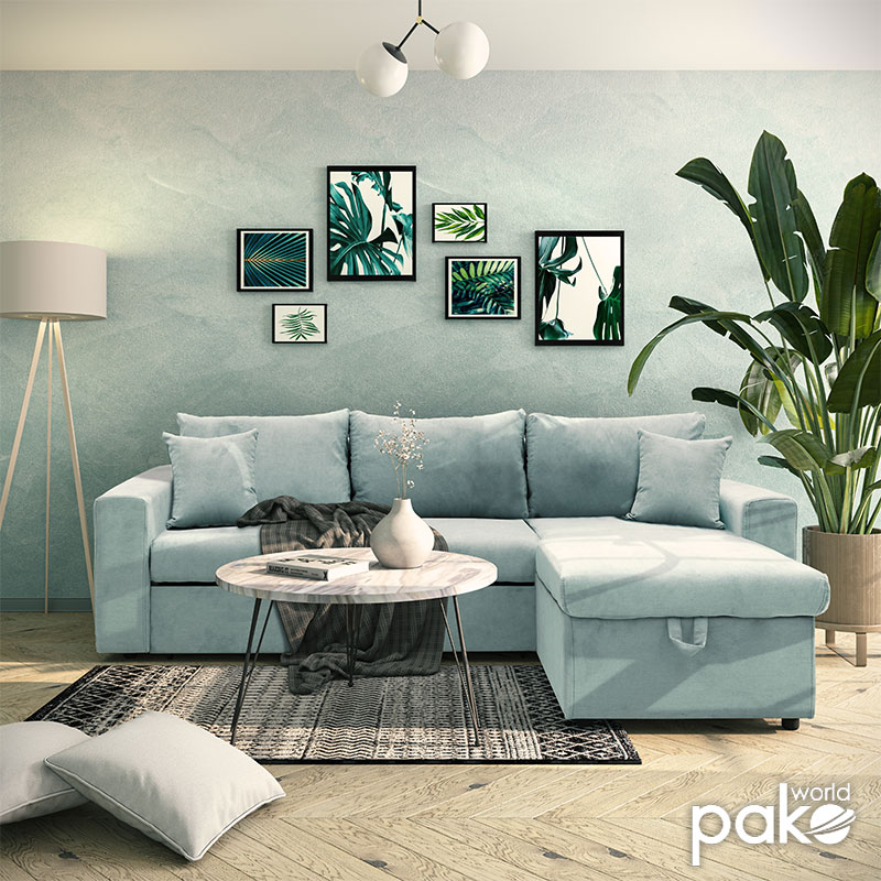 Γωνιακός Καναπές-Κρεβάτι Αναστρέψιμος Lilian Pakoworld Ύφασμα Πράσινο Μέντας 225X148X81Εκ