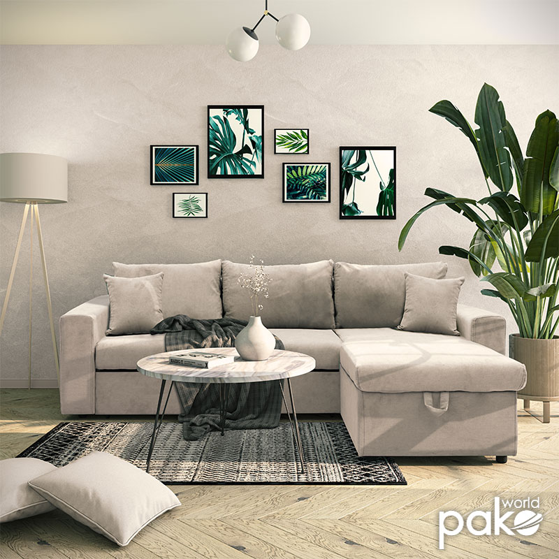 Γωνιακός Καναπές-Κρεβάτι Αναστρέψιμος Lilian Pakoworld Ύφασμα Μπεζ 225X148X81Εκ