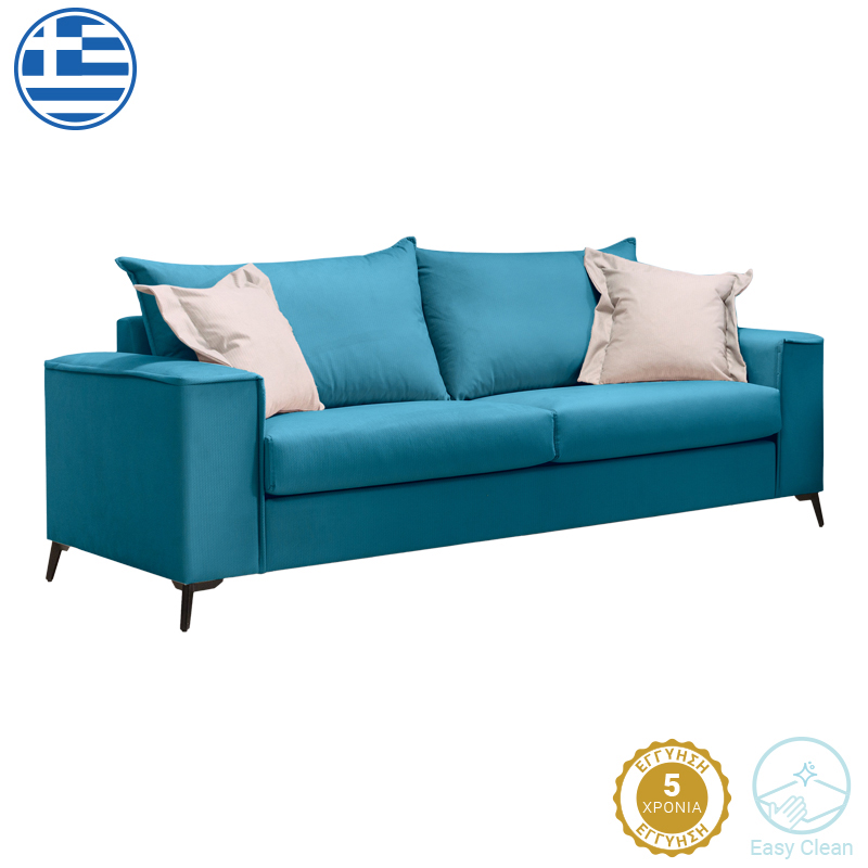 Καναπές Verona Pakoworld 3Θέσιος Πετρόλ Ύφασμα Με Μαξιλάρια Σε Μπεζ Απόχρωση 225X93X100Εκ