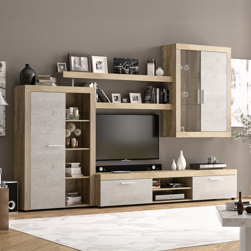 Σύνθετο Σαλονιού Tesivo Pakoworld Σε Γκρι Αντικέ Με Καρυδί Απόχρωση 292.8X45.6X199.6Εκ