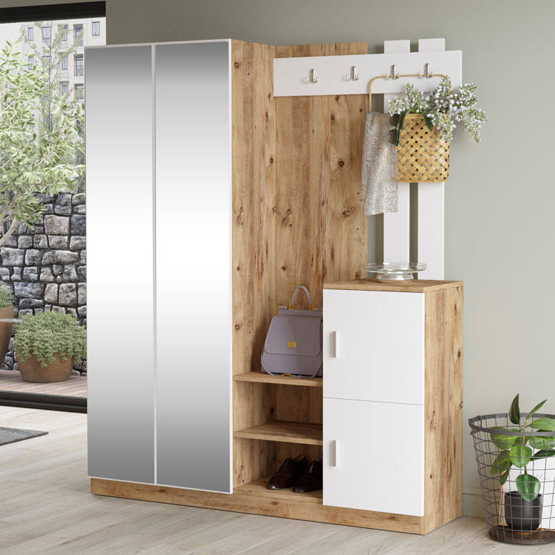 Έπιπλο Εισόδου Doorse Pakoworld Μελαμίνης Λευκό-Oak 147.5X35X180Εκ