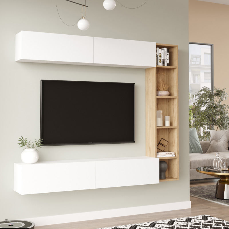 Σύνθετο Σαλονιού Compo Επιτοίχιο Pakoworld Σε Oak-Λευκό Απόχρωση 169,10X25,8X143.5Εκ