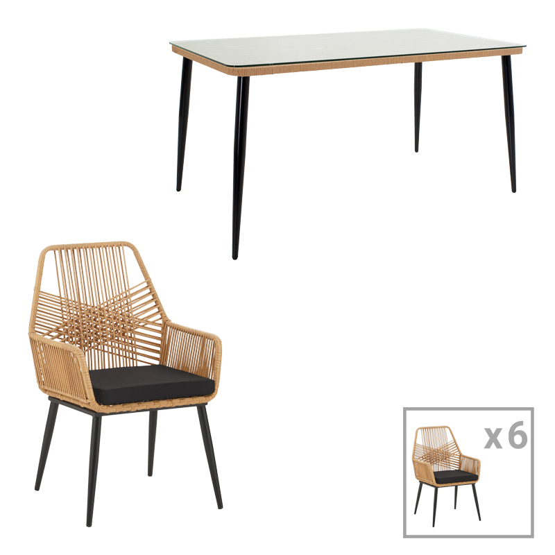 Τραπεζαρία Naoki-Tanish Pakoworld Σετ 7 Τμχ Rattan Φυσικό-Μαύρο Μέταλλο-Γυαλί 160X90X78Εκ