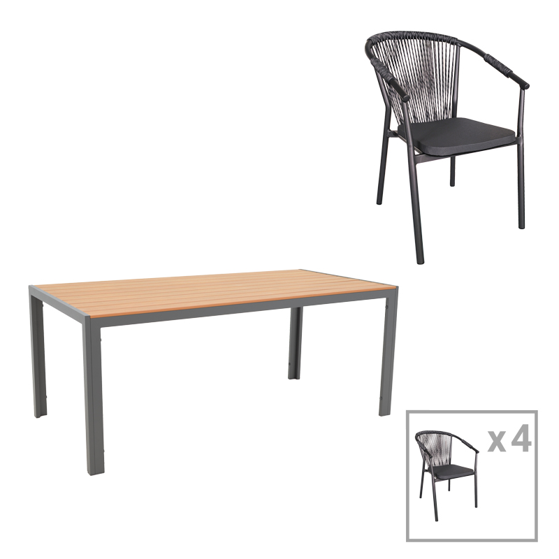 Τραπεζαρία Nares-Convince Σετ 5Τεμ Pakoworld Ανθρακί Αλουμίνιο Και Plywood Σε Φυσική Απόχρωση 180X90X72.5Εκ