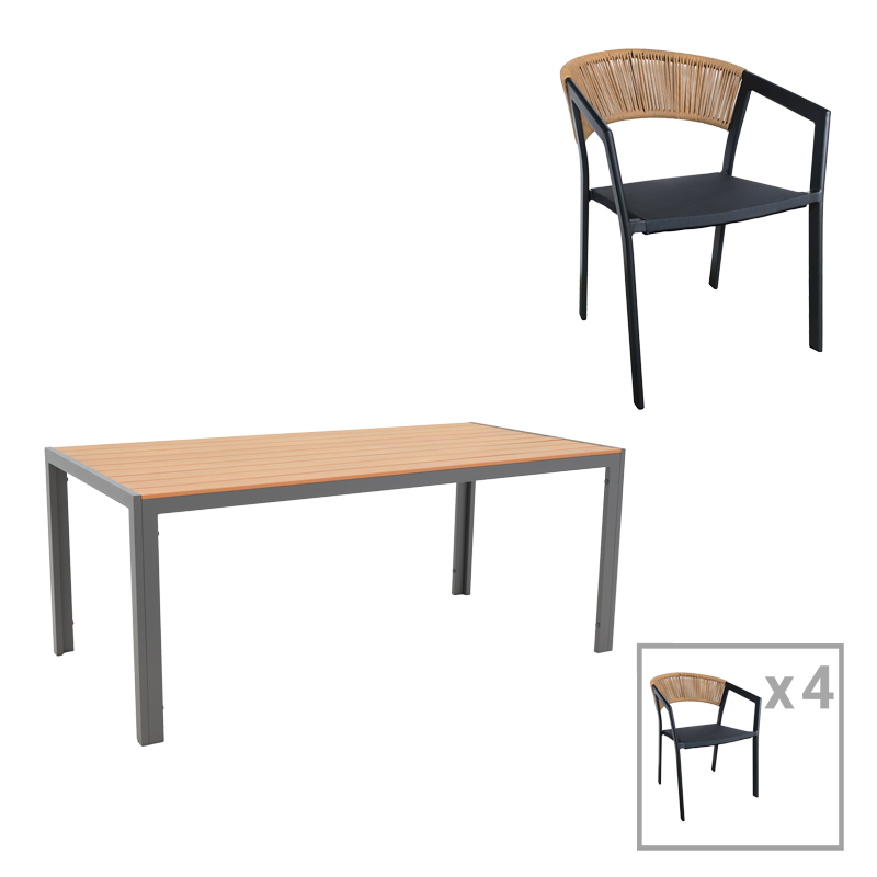 Τραπεζαρία Nares-Glisten Σετ 5Τεμ Pakoworld Ανθρακί Αλουμίνιο Και Plywood Σε Φυσική Απόχρωση 180X90X72.5Εκ