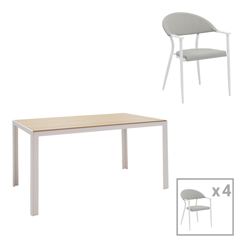 Τραπεζαρία Nares-Pino A Σετ 5Τεμ Pakoworld Λευκό Αλουμίνιο Και Plywood Σε Φυσική Απόχρωση 140X80X72.5Εκ