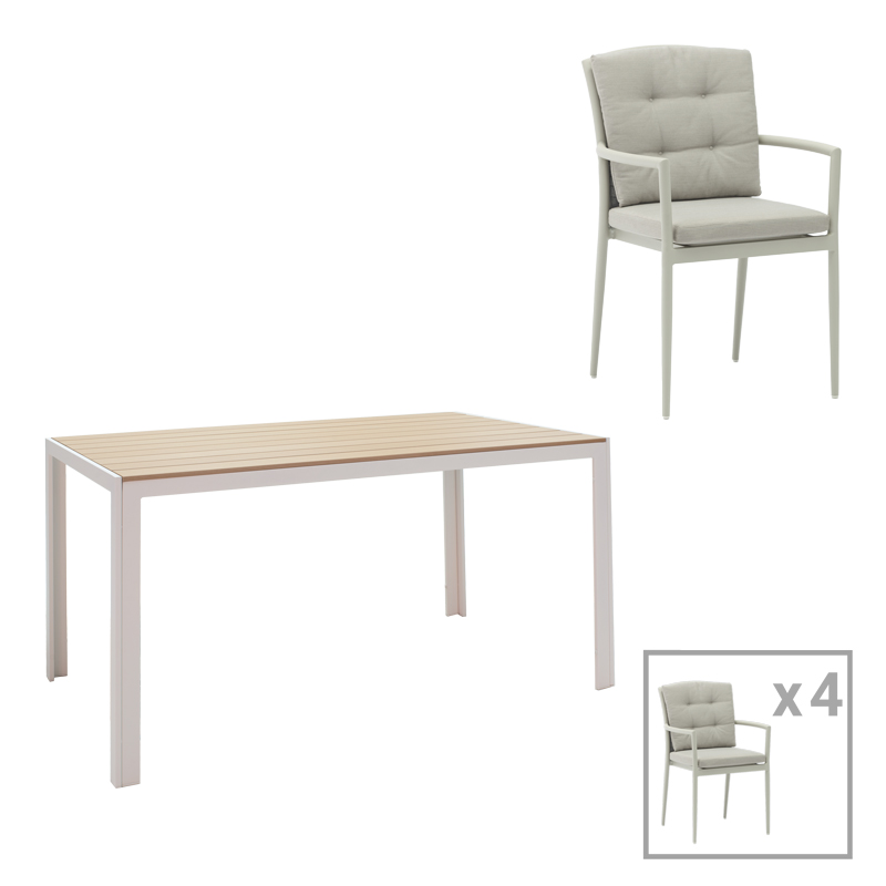 Τραπεζαρία Nares-Moritz Σετ 5Τεμ Pakoworld Λευκό-Γκρι Αλουμίνιο Και Plywood Σε Φυσική Απόχρωση 140X80X72.5Εκ