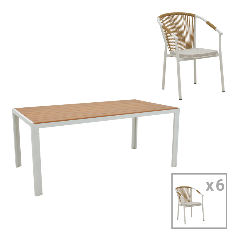 Τραπεζαρία Nares-Convince B Σετ 7Τεμ Pakoworld Λευκό Αλουμίνιο Και Plywood Σε Φυσική Απόχρωση 180X90X72.5Εκ