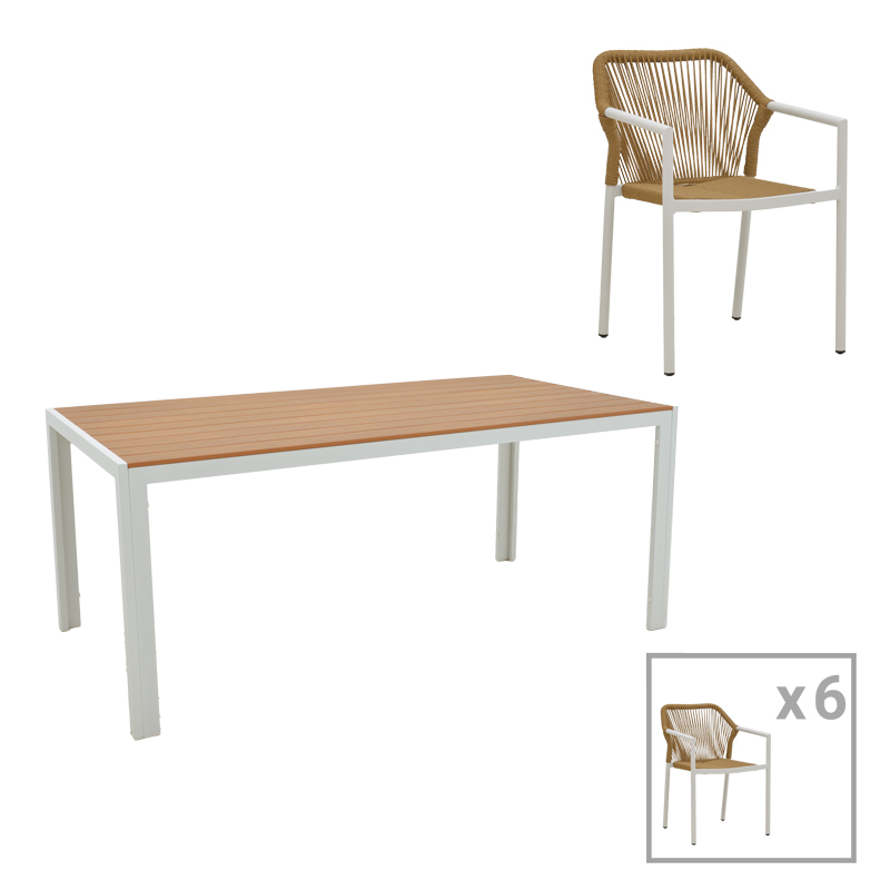 Τραπεζαρία Nares-Lush B Σετ 7Τεμ Pakoworld Λευκό Αλουμίνιο Και Plywood Σε Φυσική Απόχρωση 180X90X72.5Εκ