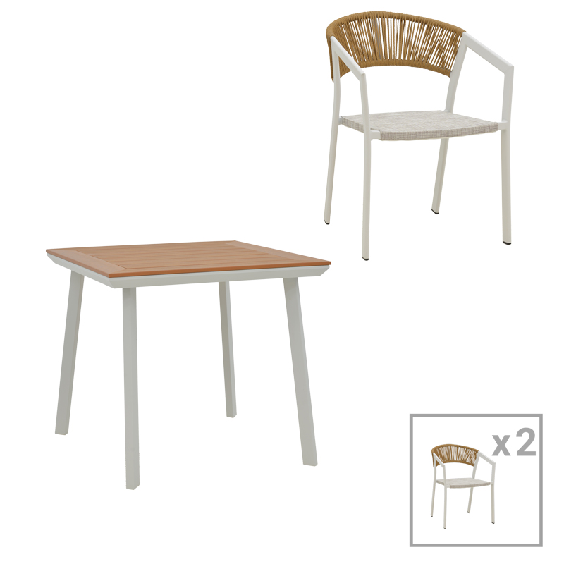 Τραπεζαρία Synergy-Glisten Σετ 3Τεμ Pakoworld Λευκό Αλουμίνιο Και Plywood Σε Φυσικό Χρώμα 80X80X74Εκ