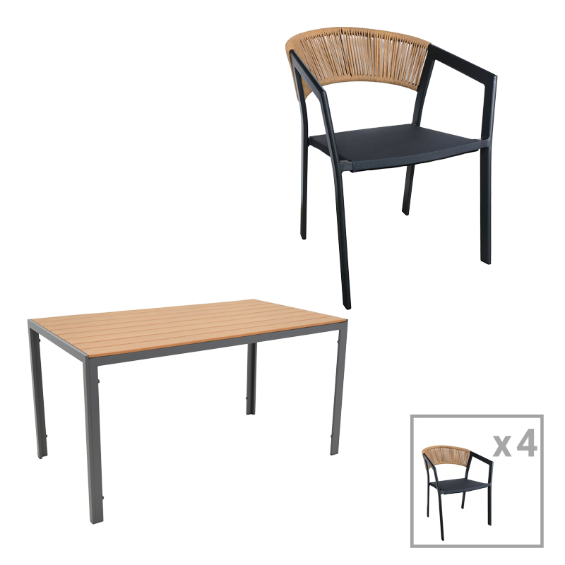 Τραπεζαρία Nares-Glisten C Σετ 5Τεμ Pakoworld Ανθρακί Αλουμίνιο Και Plywood Σε Φυσικό Χρώμα 140X80X72.5Εκ