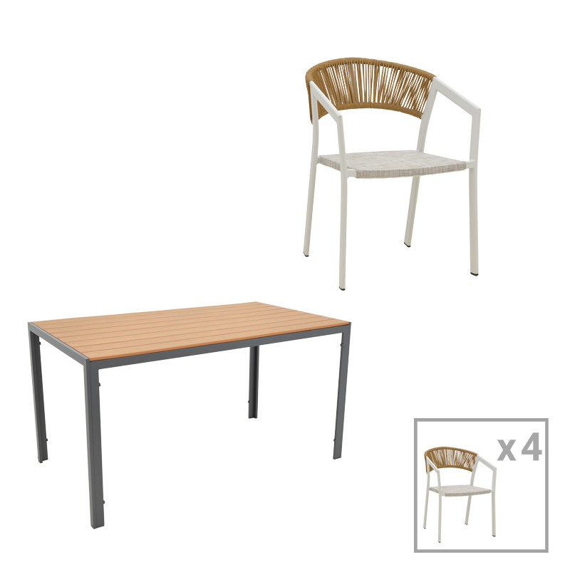 Τραπεζαρία Nares- Glisten C Σετ 5Τεμ Pakoworld Ανθρακί-Λευκό Αλουμίνιο Και Plywood Σε Φυσικό Χρώμα 140X80X72.5Εκ