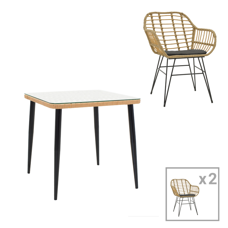 Τραπεζαρία Naoki V Σετ 3Τεμ Pakoworld Rattan Pe Σε Φυσική Απόχρωση Και Μαύρο Μέταλλο 80X80X78Εκ