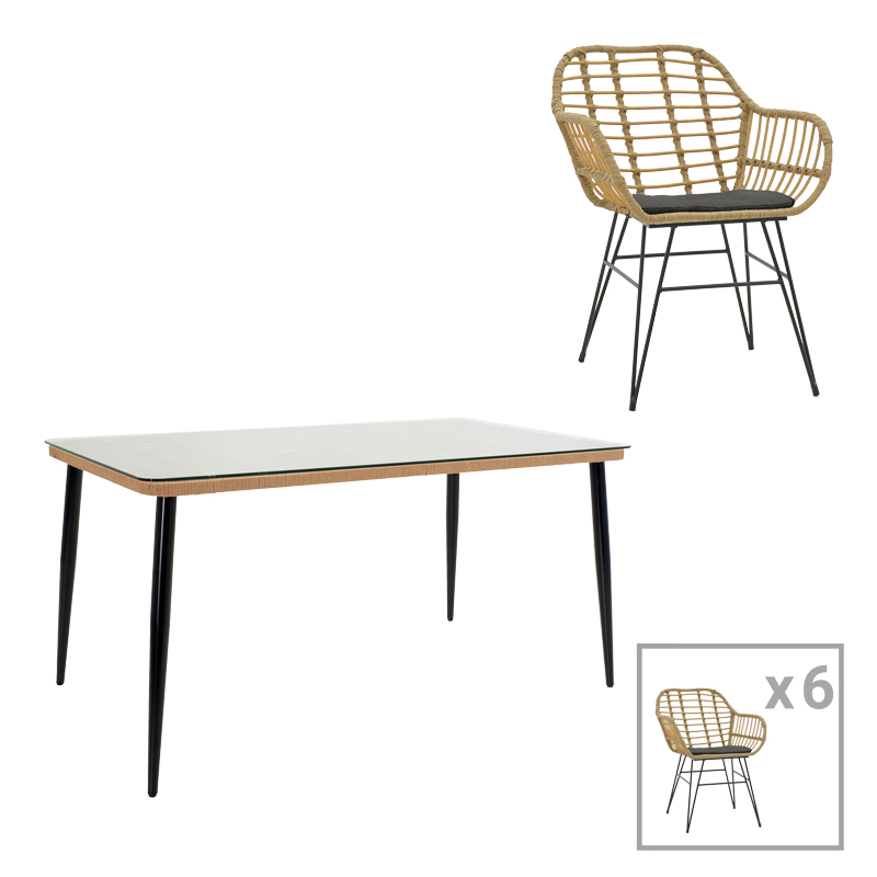 Τραπεζαρία Naoki Χ Σετ 7Τεμ Pakoworld Rattan Pe Σε Φυσική Απόχρωση Και Μαύρο Μέταλλο 160X90X78Εκ