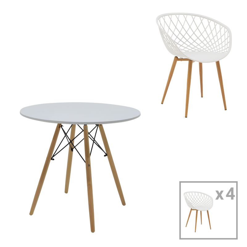 Τραπεζαρία Ezra-Julita Pakoworld Σετ 5Τεμ Pp-Mdf Σε Λευκό-Φυσική Απόχρωση Φ80X73Εκ