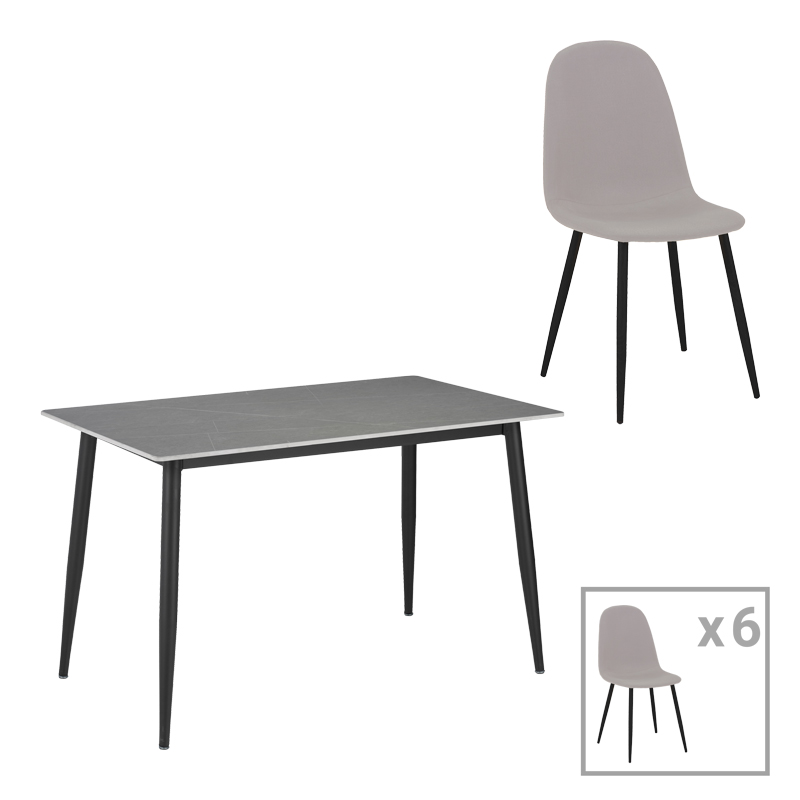 Τραπεζαρία Bella-Gustas Pakoworld Σετ 7Τμχ Γκρι Μαρμάρου Sintered Stone-Μαύρο Μέταλλο 160X80X75Εκ