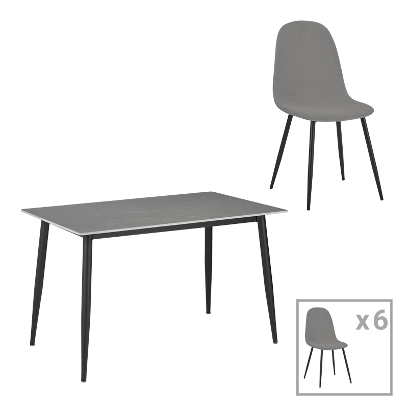 Τραπεζαρία Bella-Gustas Pakoworld Σετ 7Τμχ Γκρι Βελούδο-Γκρι Μαρμάρου Sintered Stone-Μαύρο Μέταλλο 160X80X75Εκ