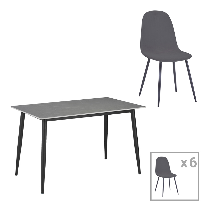 Τραπεζαρία Bella-Gustas Pakoworld Σετ 7Τμχ Ανθρακί Βελούδο-Γκρι Μαρμάρου Sintered Stone-Μαύρο Μέταλλο 160X80X75Εκ