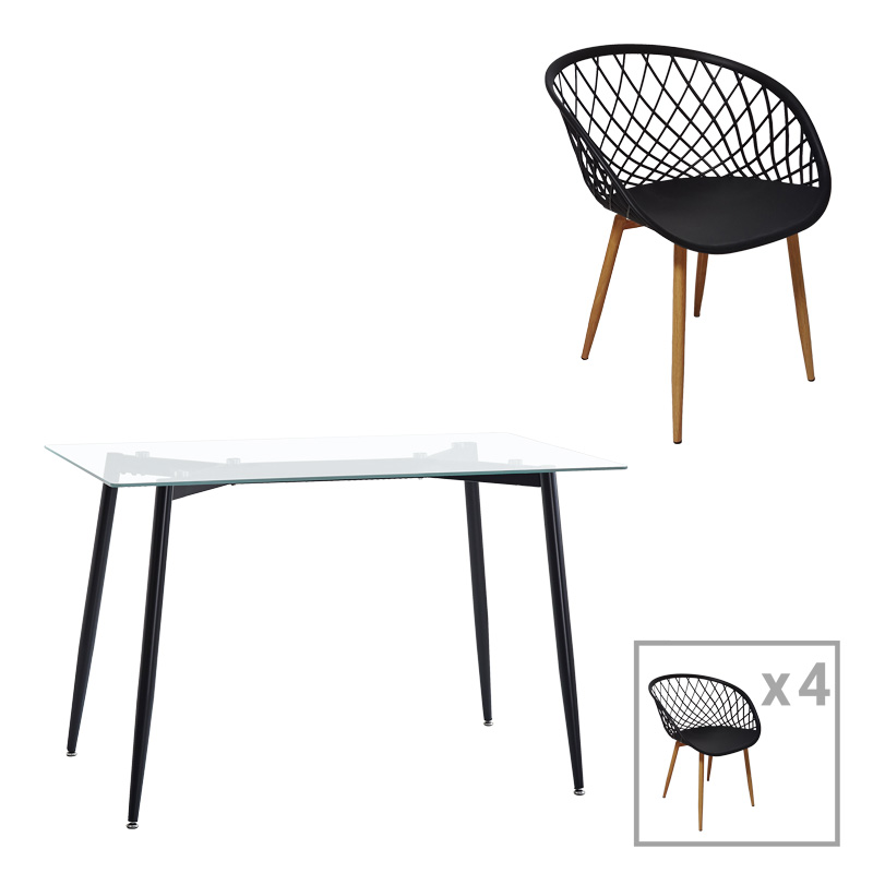 Τραπεζαρία Quana-Ezra Pakoworld Σετ 5Τεμ Γυάλινο 8Χιλ Διάφανο - Μαύρο Πόδι 120X70X75Εκ