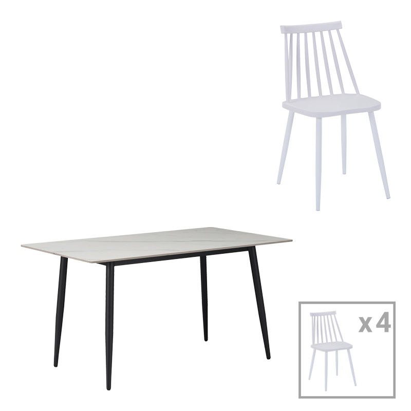 Τραπεζαρία Aurora I-Gustas Pakoworld Σετ 5Τεμ Λευκό Μαρμάρου-Λευκό 120X80X76Εκ