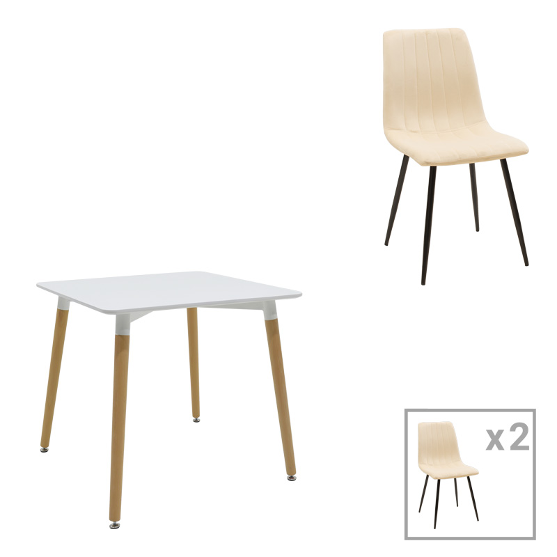 Τραπεζαρία Natali-Noor Pakoworld Σετ 3Τεμ Mdf Λευκό-Μπεζ-Πόδια Φυσικό 80X80X76Εκ