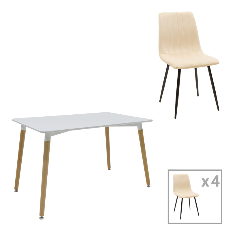 Τραπεζαρία Natali-Noor Pakoworld Σετ 5Τεμ Mdf Λευκό-Μπεζ-Πόδια Φυσικό 120X80X76Εκ