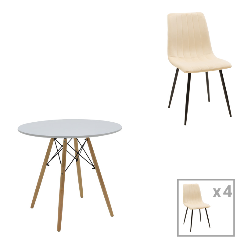 Τραπεζαρία Julita-Noor Pakoworld Σετ 5Τεμ Mdf Λευκό-Μπεζ-Φυσικό Φ80X73Εκ