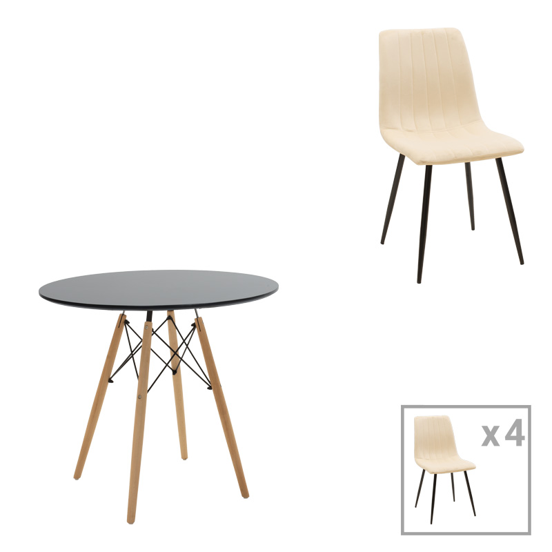 Τραπεζαρία Julita-Noor Pakoworld Σετ 5Τεμ Mdf Μαύρο-Μπεζ-Φυσικό Φ80X73Εκ