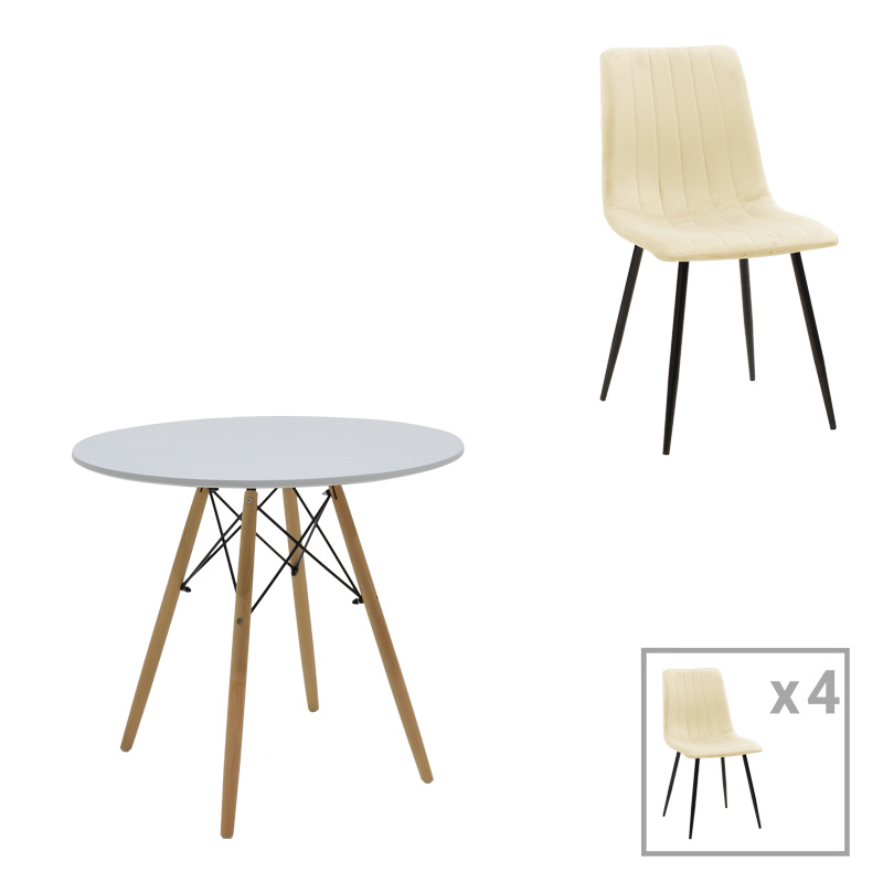 Τραπεζαρία Julita-Noor Pakoworld Σετ 5Τεμ Mdf Λευκό-Μπεζ Ύφασμα Φ80X73Εκ