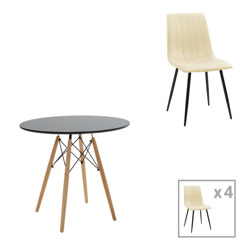 Τραπεζαρία Julita-Noor Pakoworld Σετ 5Τεμ Mdf Μαύρο-Μπεζ Ύφασμα Φ80X73Εκ