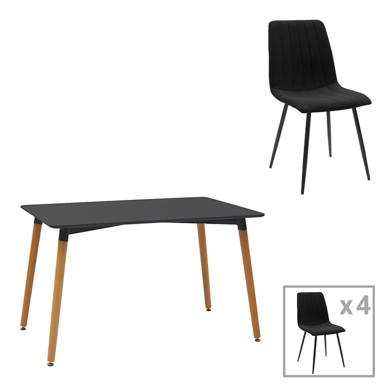 Τραπεζαρία Natali-Noor Pakoworld Σετ 5Τεμ Mdf Μαύρο-Πόδια Φυσικό 120X80X76Εκ