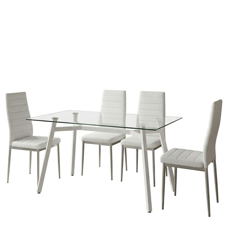 Τραπεζαρία Με Καρέκλες Parker Λευκό Και Τραπέζι Titta Γυαλί 120X70X75Εκ Σετ 5Τεμ