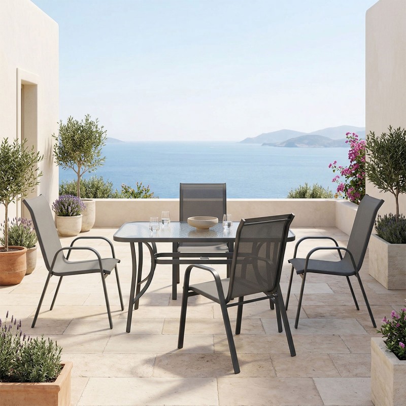 Τραπεζαρία Ensure Calan Pakoworld Σετ 5Τεμ Ανθρακί Μέταλλο Με Γυαλί 120X70X70Εκ