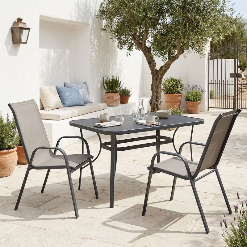 Τραπεζαρία Ensure Calan Pakoworld Σετ 3Τεμ Ανθρακί Μέταλλο Με Γυαλί 120X70X70Εκ