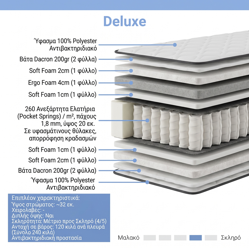 Στρώμα Deluxe Pakoworld Pocket Spring Διπλής Όψης 32Cm 90X200Εκ