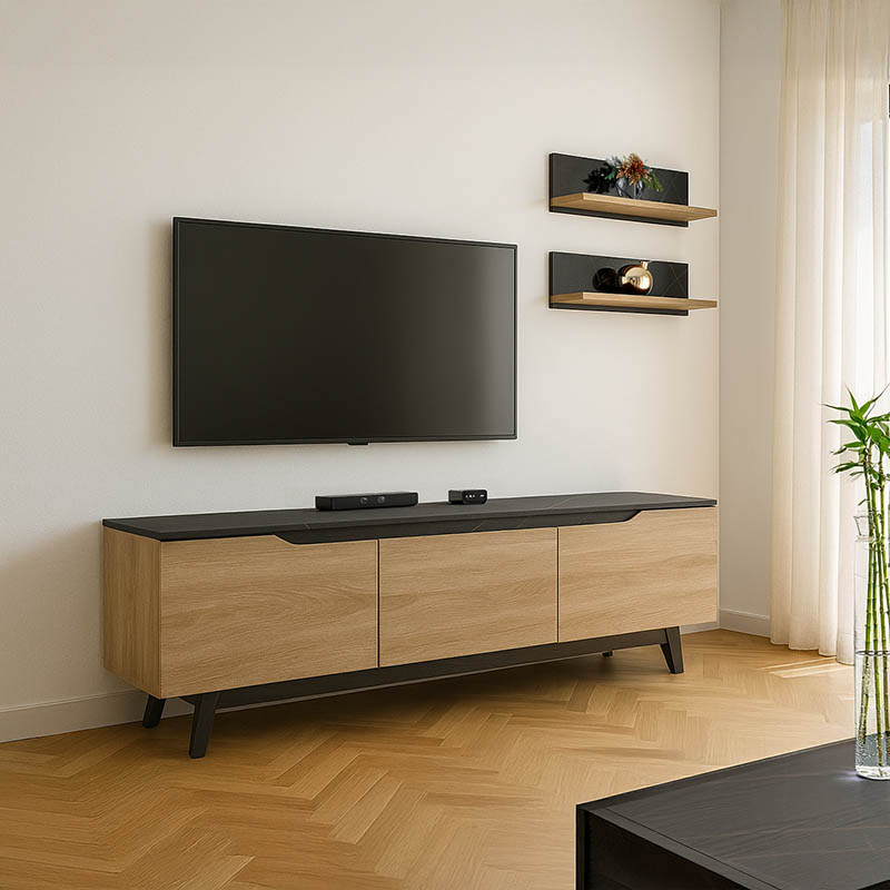 Σύνθετο Σαλονιού Kasia Pakoworld Σε Μαύρο Μαρμάρου-Sonoma Απόχρωση 180X35X48.5Εκ