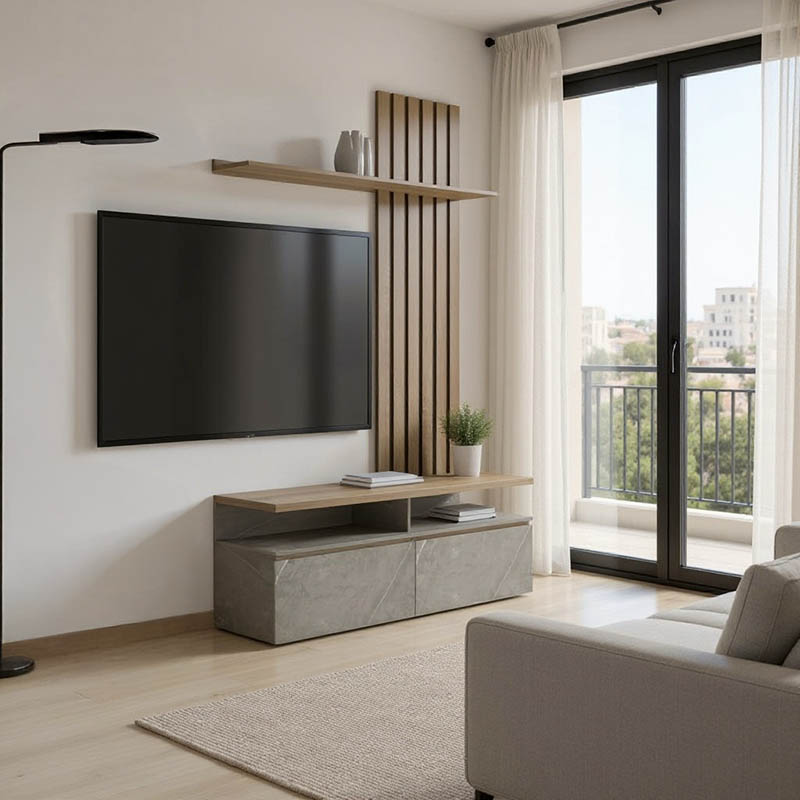 Σύνθετο Σαλονιού Perlento Pakoworld Σε Μπεζ Μαρμάρου Με Sonoma Απόχρωση 140X41X219.5Εκ